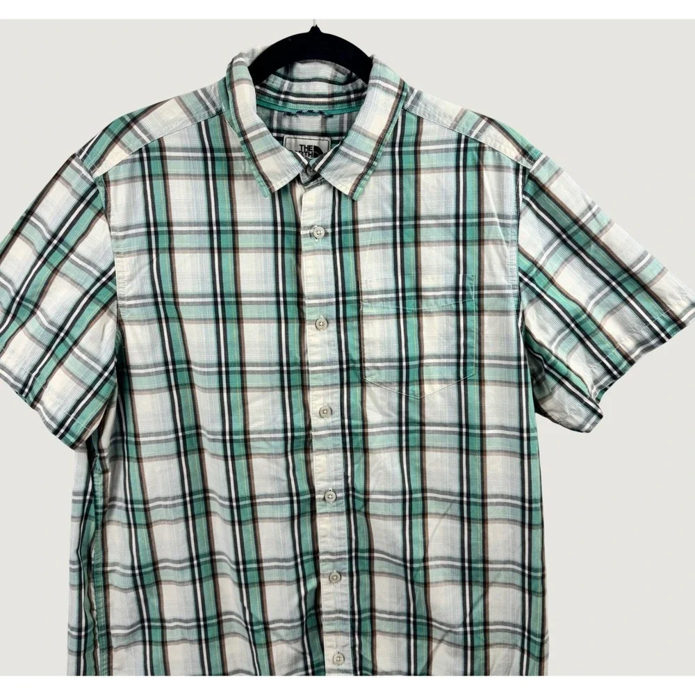 The North Face Plaid Button Up Shirt Men Large Teal Short Sleeve Hiking Gorpcore